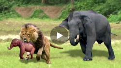 مراقبت فیل از نوزادش در برابر شیر