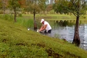 نجات دادن توله سگ از دهان تمساح توسط یک مرد شجاع