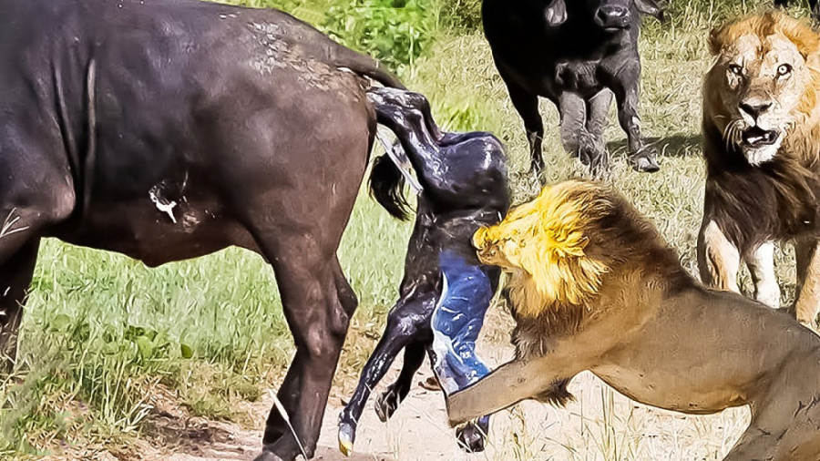 حمله شیرها به مادر گاومیش هنگامی که بچه اش به دنیا امد !!!! دلخراش